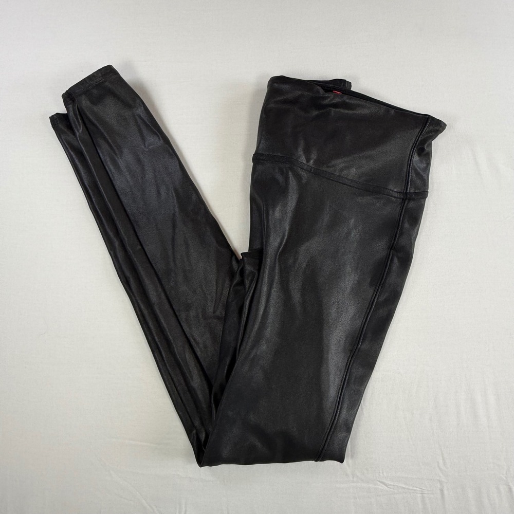 Spanx‎ Faux Leather Leggings Black High Waisted Metallic Sheen